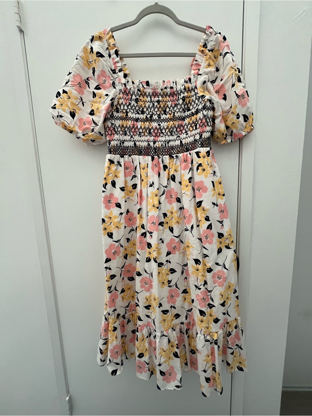 kate spade White Floral Smocked Midi Dress with Pink & Yellow Blooms